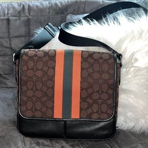 Coach Men’s Messenger Bag Black Leather with coach monogram canvas.